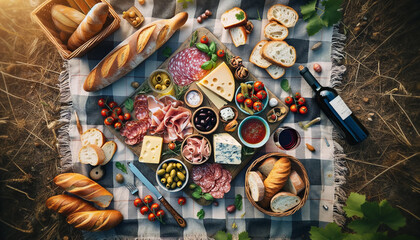 Overhead view of an Italian picnic with prosciutto, salami, cheeses, olives, bread, grilled vegetables, and Chianti, set on a checkered blanket outdoors