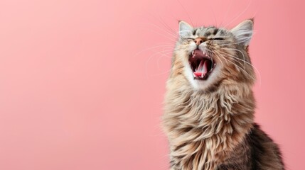 American Bobtail, angry cat baring its teeth, studio lighting pastel background