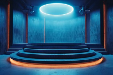 Modern Blue Lit Podium on Stage with Ambient Lighting