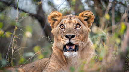 Obraz premium Surprised lion with open mouth, shocked and amazed expression