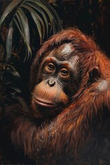 Obraz premium A realistic oil painting of an african orang utan happy looking mysterious. simplistic, modern , generated with ai