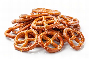 Pile of Salty Pretzels with Coarse Salt on a White Background