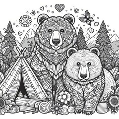 Monochrome line art bear in sketch style coloring page illustration