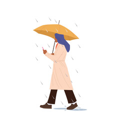 Woman cartoon character with umbrella walking under rain using mobile phone isolated on white