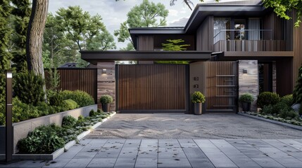 A modern, luxurious home with a brown, raw wooden gate closed and a classic wood portal access door