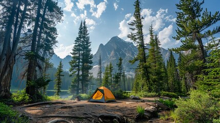 A tent set up against the background of mountains