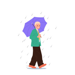 Mature senior businessman or office worker cartoon character walking on street with umbrella