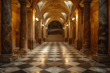 Elegant Royal Palace Hallway with Marble Columns at Night