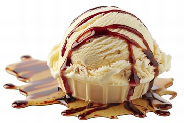 Vanilla Ice Cream Scoop Drizzled with Glossy Chocolate Syrup