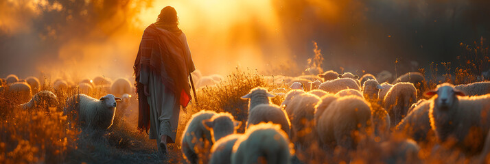 Bright Sunlight Shines on Shepherd Jesus Christ,
Biblical illustration of Jesus as a shepherd.
