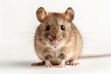 A brown mouse is sitting on a white surface with copy space.