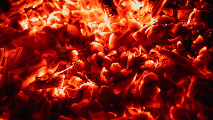 hot red coal top view close up, background, low key