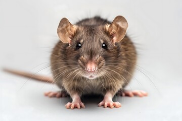 A brown rat with a long tail sits on a white surface with copy space.