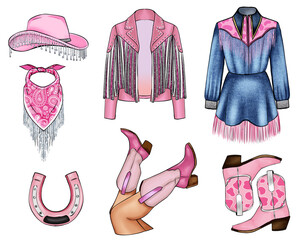 COWGIRL ILLUSTRATION PINK COQUETTE SET OF FASHION ITEMS, COWGIRL RODEO STYLE