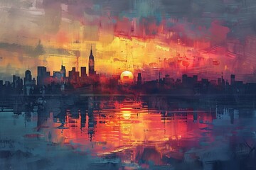 Stunning Seaside Cityscape in Warm Sunset Colors