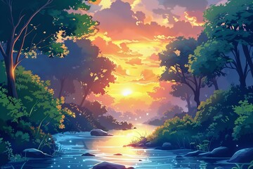 Stunning Sunrise Scene Over a River in a Lush Forest