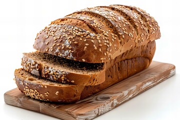 Sliced Whole Wheat Bread Decorated with Seeds on Wooden Board - obrazy, fototapety, plakaty