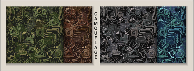 Seamless camouflage patterns with abstract wavy shapes, swirls, twirls, paint brush strokes, blots, spattered paint. Dense random composition. Grunge texture