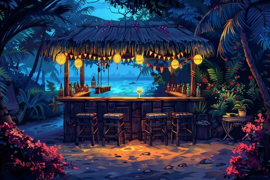 Tropical Tiki Bar at Night with Lush Vegetation and Ocean View