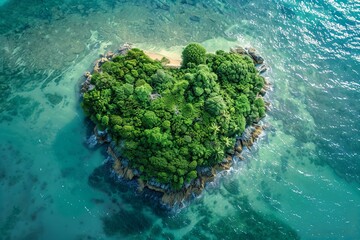 Aerial View of Heart-Shaped Tropical Island with Lush Greenery