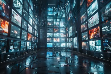 Futuristic TV News Studio With Multiple Digital Screens