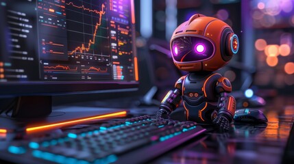 an artificial intelligence representation of a robot stading in front of a computer with a crypto chart opened on the screen, generated with AI