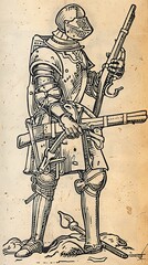 Obraz premium An old knight with a n assault rifle, in the style of medieval woodcut designs, 15th century, ashcan school , generated with ai