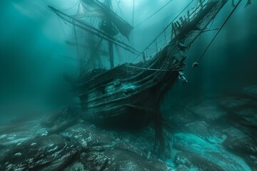 Mystical Underwater Scene with Sunken Sail Ship in Ocean Depths