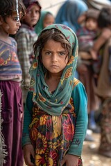 Obraz premium World Refugee Day, portrait of adorable small child on dangerous war lost home and parents