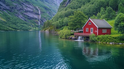 Fototapeta premium Beautiful nature scene with greenery, blue lake and red house in the background, in Norway. generated with AI