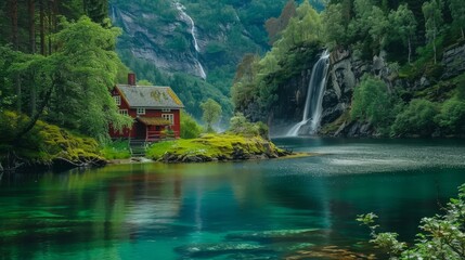 Obraz premium Beautiful nature scene with greenery, blue lake and red house in the background, in Norway. generated with AI