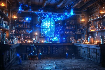 Enchanted Alchemical Laboratory with Magical Blue Lights