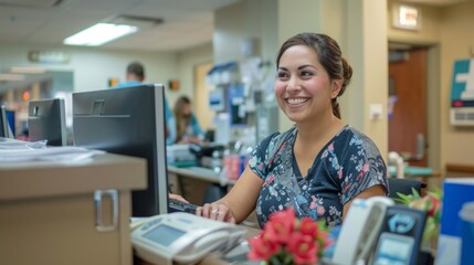 Portrait, nurse and receptionist at hospital on a computer working at her desk or table in an office as a black woman. Medical, healthcare professional or worker smile, happy and excited at work