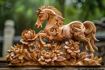 Exquisite Wooden Horse Sculpture Amidst Floral Carving Detail