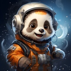 Smiling cute panda dressed as an astronaut in space 