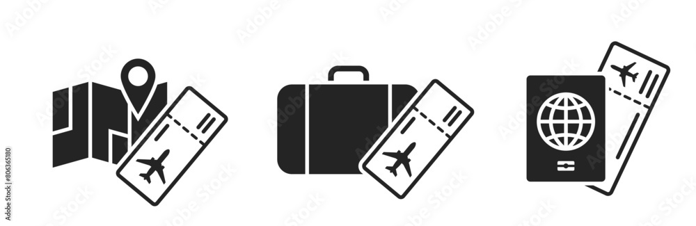 Wall mural air travel flat icons. passport, luggage, map and flight ticket. vacation and journey symbols. isola