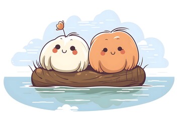 Two cute squishy animated cartoon characters floating on a log 