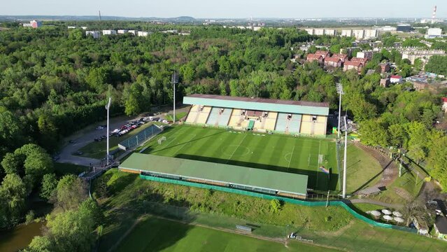 Katowice, Poland May 5, 2024: Aerial view of soccer, football stadium of GKS Katowice. Sunset, sunise. Drone shot.