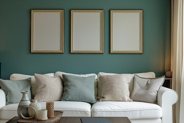 Three rustic vertical picture frames on the wall in the living room