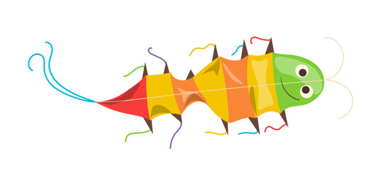 Funny cartoon colorful caterpillar kite kids paper toy flying isolated on white background