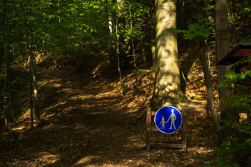 Sign on the forest road, a sign on the hiking trail suitable for children and parents, forest road...