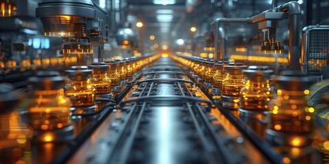 Automated factory floor, detailed in 3D render and vector style for cutting edge technology themes.