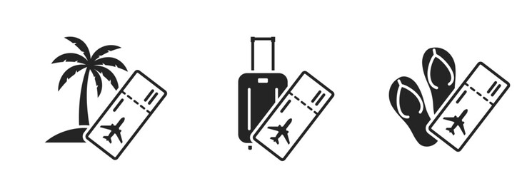 summer vacation flat icons. palm tree, luggage, flip flops and flight ticket. travel and journey symbols. isolated vector images for tourism design