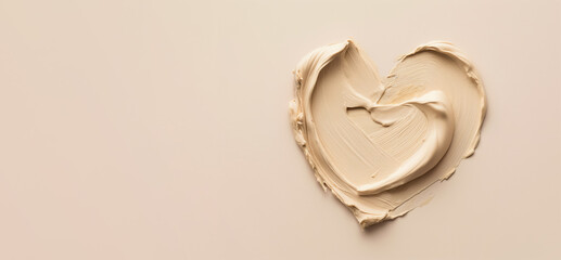 Smear of beige cosmetic cream or paste in shape of heart. Studio photo from above, copy space side. Generative AI