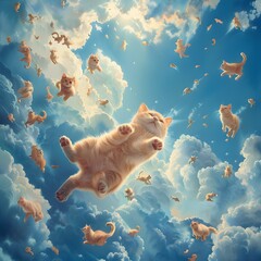 Cute fluffy cats floating in the sky happily