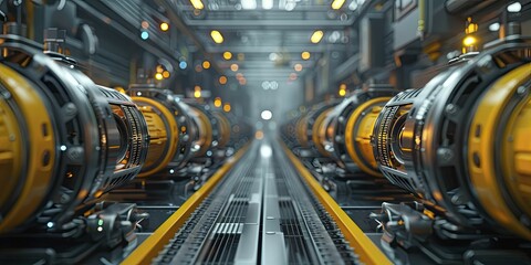 A stunning 3D visualization showcases advanced machinery within a futuristic factory, perfect for promotional materials.