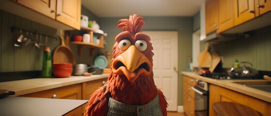 Animated cartoon chicken character in kitchen 