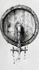 Clear picture of drop from the faucet of a large oak barrel, pencil drawing with hatching shading, logo style , generated with ai