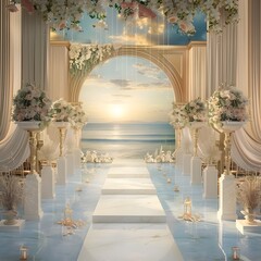 Indoor wedding scene layout in beautiful hotel seaside sunset view