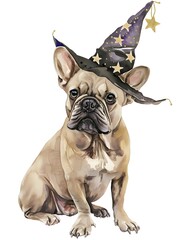 Cute french bulldog portrait wearing a starry wizard hat